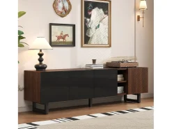 Mueble de TV bajo con 4 puertas - 180 x 38 x 50 cm - diseño exclusivo - aspecto de madera envejecida - MDF - acabado negro y natural
