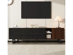 Mueble de TV bajo con 4 puertas - 180 x 38 x 50 cm - diseño exclusivo - aspecto de madera envejecida - MDF - acabado negro y natural