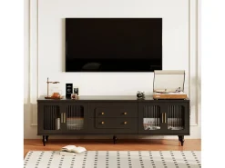 Mueble de TV bajo estilo retro con 6 compartimentos de almacenaje, patas de madera maciza, color negro