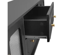 Mueble de TV bajo estilo retro con 6 compartimentos de almacenaje, patas de madera maciza, color negro