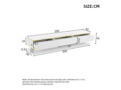 Mueble de TV bajo moderno con 3 cajones y compartimentos abiertos – Superficie brillante – Bordes dorados