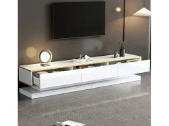Mueble de TV bajo moderno con 3 cajones y compartimentos abiertos – Superficie brillante – Bordes dorados