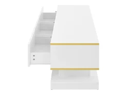 Mueble de TV bajo moderno con 3 cajones y compartimentos abiertos – Superficie brillante – Bordes dorados