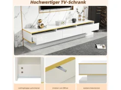 Mueble de TV bajo moderno con 3 cajones y compartimentos abiertos – Superficie brillante – Bordes dorados