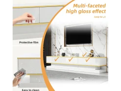 Mueble de TV bajo moderno con 3 cajones y compartimentos abiertos – Superficie brillante – Bordes dorados