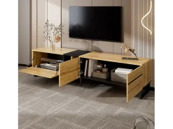 Mueble de TV bajo moderno - 180 x 38 x 45 cm - con 3 puertas + estantes abiertos - aglomerado - natural