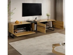Mueble de TV bajo moderno - 180 x 38 x 45 cm - con 3 puertas + estantes abiertos - aglomerado - natural