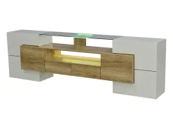 Mueble de TV blanco brillante de 200 x 30 x 60,7 cm, dos cajones, 6 puertas, iluminación LED, para salón.