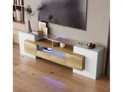 Mueble de TV blanco brillante de 200 x 30 x 60,7 cm, dos cajones, 6 puertas, iluminación LED, para salón.