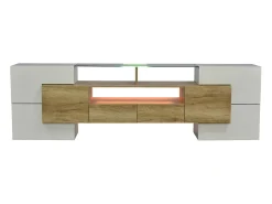 Mueble de TV blanco brillante de 200 x 30 x 60,7 cm, dos cajones, 6 puertas, iluminación LED, para salón.