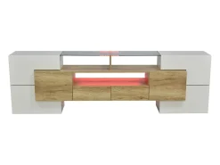 Mueble de TV blanco brillante de 200 x 30 x 60,7 cm, dos cajones, 6 puertas, iluminación LED, para salón.
