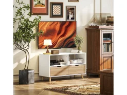 Mueble de TV blanco de 99 cm con cajón y 2 estantes, mueble de TV moderno para salón