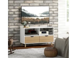 Mueble de TV blanco de 99 cm con cajón y 2 estantes, mueble de TV moderno para salón