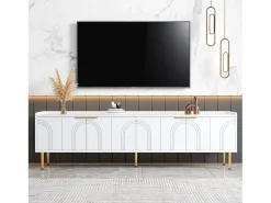 Mueble de TV blanco, mueble de TV moderno con 4 puertas texturizadas, tiradores y patas doradas - para salón y oficina