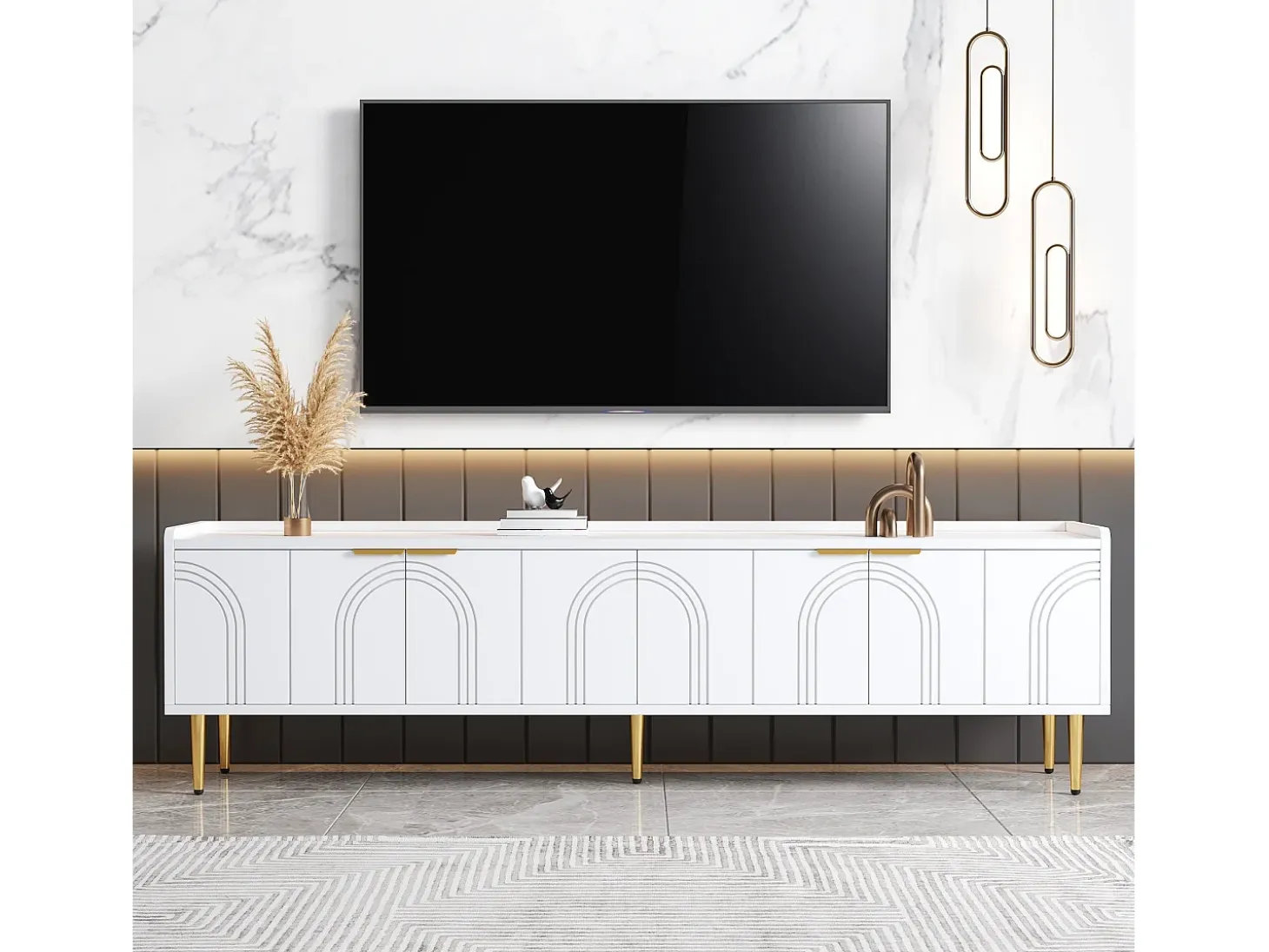 Mueble de TV blanco, mueble de TV moderno con 4 puertas texturizadas, tiradores y patas doradas - para salón y oficina