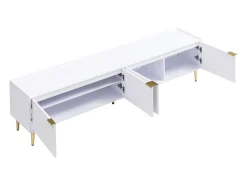 Mueble de TV blanco, mueble de TV moderno con 4 puertas texturizadas, tiradores y patas doradas - para salón y oficina