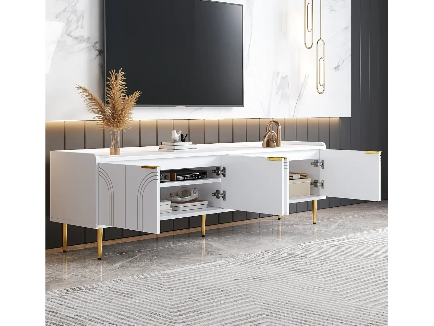 Mueble de TV blanco, mueble de TV moderno con 4 puertas texturizadas, tiradores y patas doradas - para salón y oficina