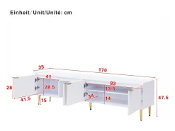 Mueble de TV blanco, mueble de TV moderno con 4 puertas texturizadas, tiradores y patas doradas - para salón y oficina