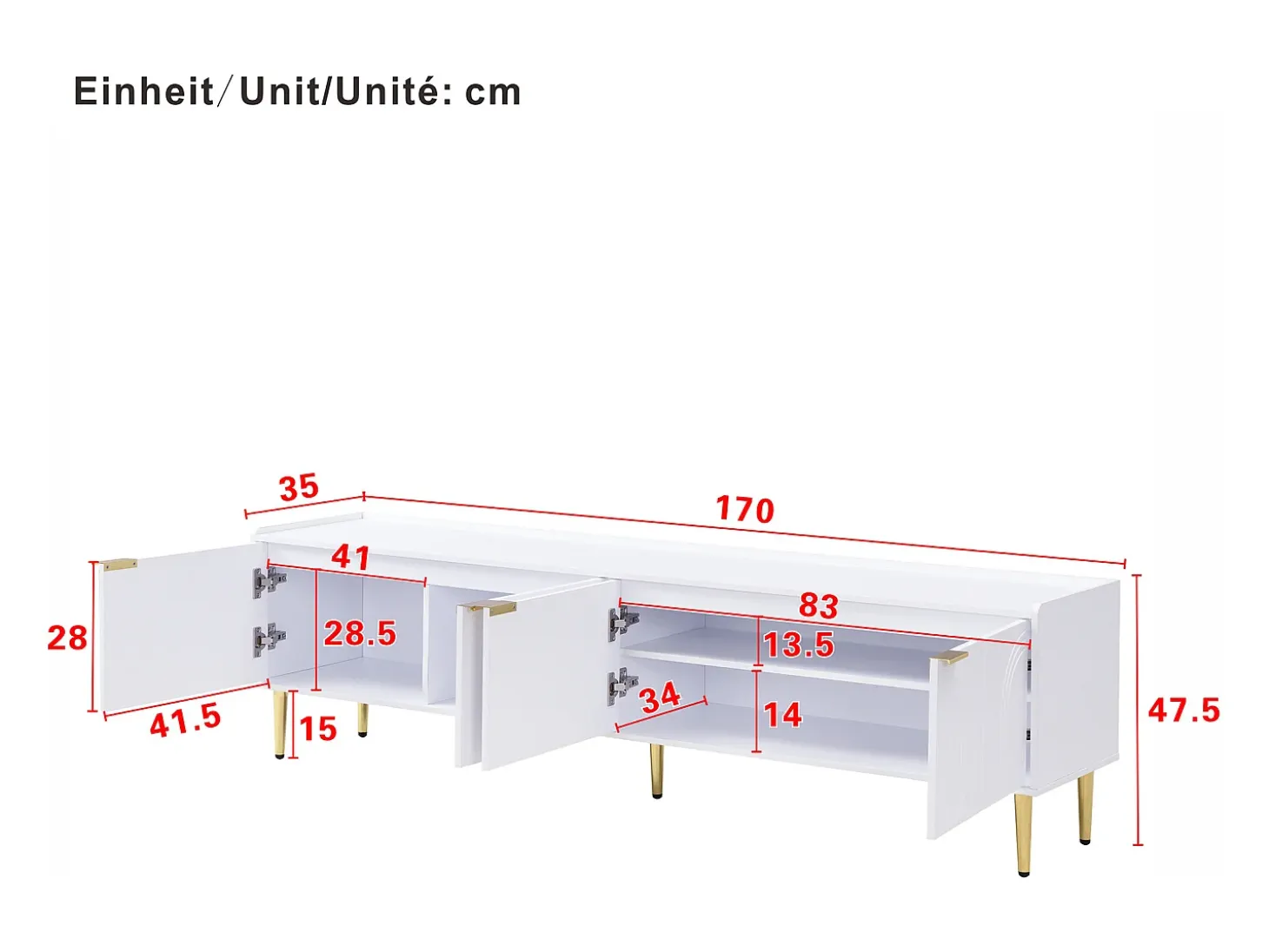 Mueble de TV blanco, mueble de TV moderno con 4 puertas texturizadas, tiradores y patas doradas - para salón y oficina