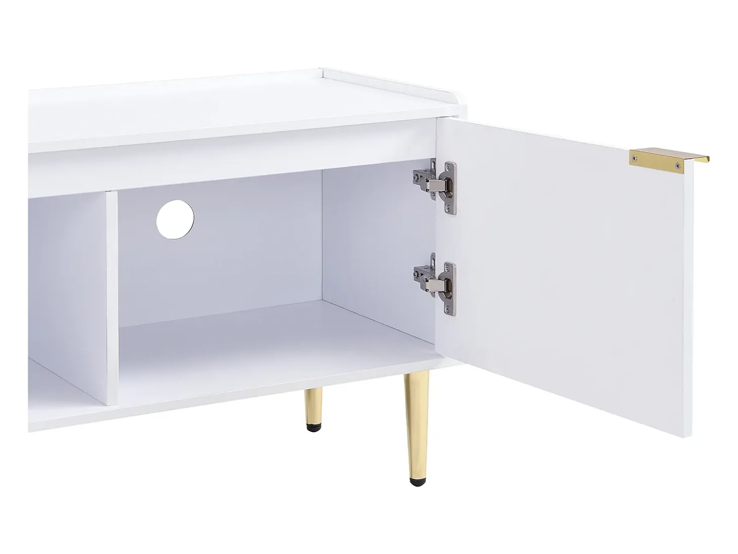 Mueble de TV blanco, mueble de TV moderno con 4 puertas texturizadas, tiradores y patas doradas - para salón y oficina