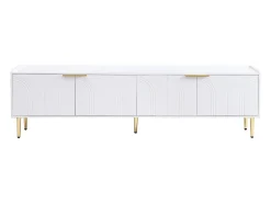 Mueble de TV blanco, mueble de TV moderno con 4 puertas texturizadas, tiradores y patas doradas - para salón y oficina
