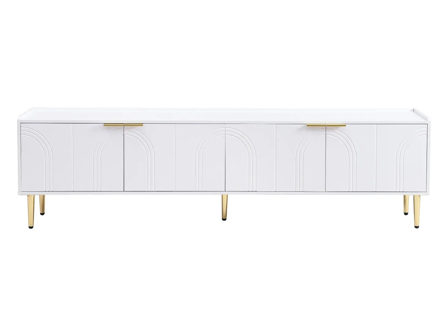 Mueble de TV blanco, mueble de TV moderno con 4 puertas texturizadas, tiradores y patas doradas - para salón y oficina