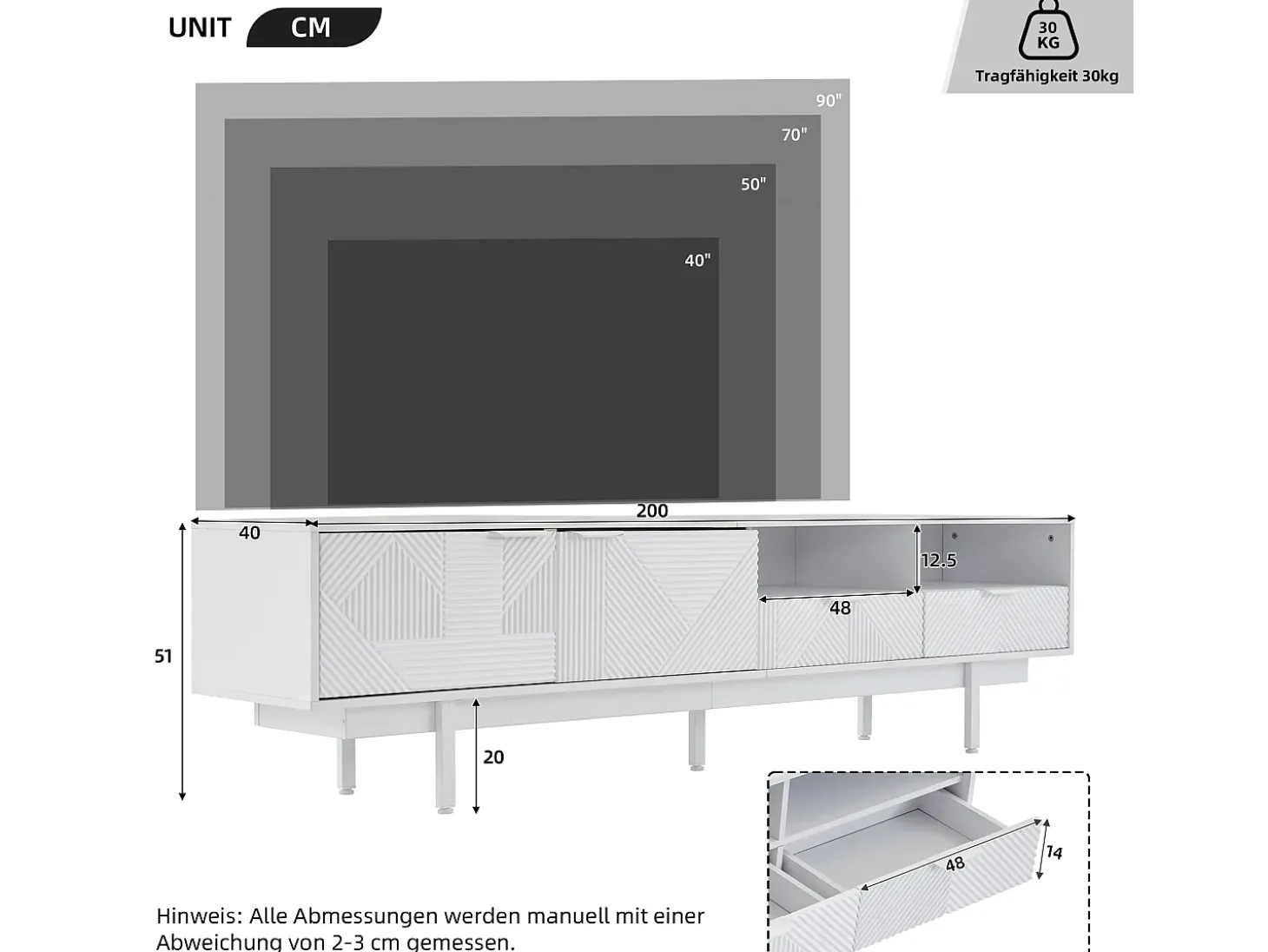 Mueble de TV bohemio con 2 puertas y 2 cajones - 200 x 40 x 51 cm - Tablero de partículas - Para comedor - Blanco