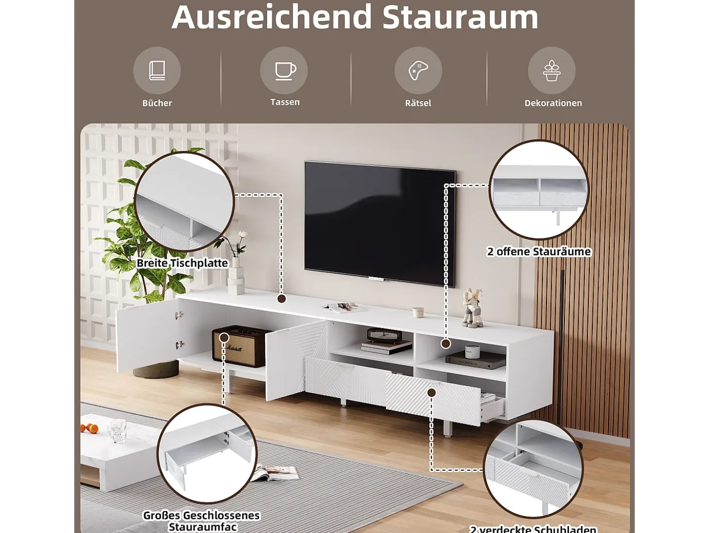 Mueble de TV bohemio con 2 puertas y 2 cajones - 200 x 40 x 51 cm - Tablero de partículas - Para comedor - Blanco