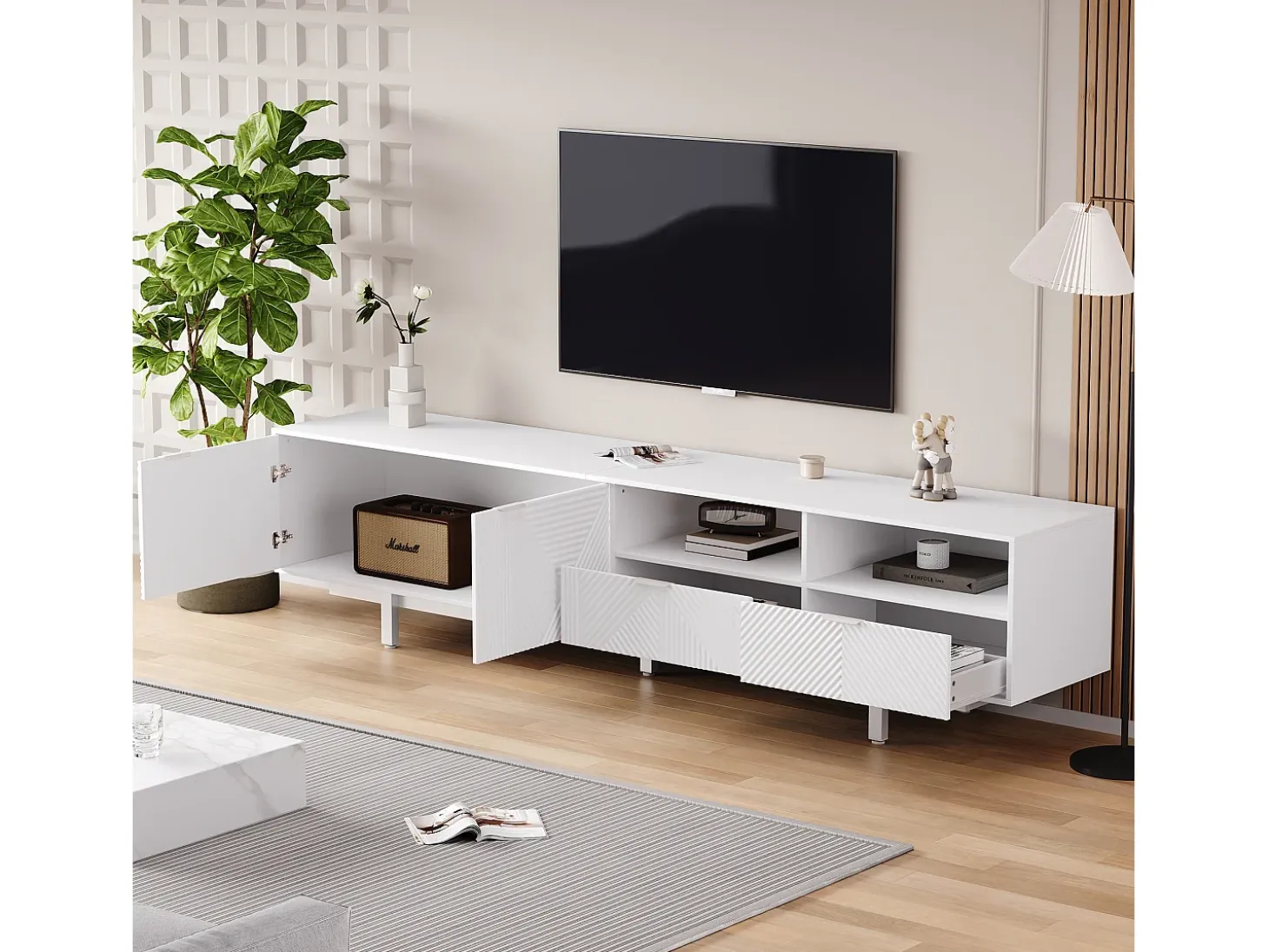Mueble de TV bohemio con 2 puertas y 2 cajones - 200 x 40 x 51 cm - Tablero de partículas - Para comedor - Blanco