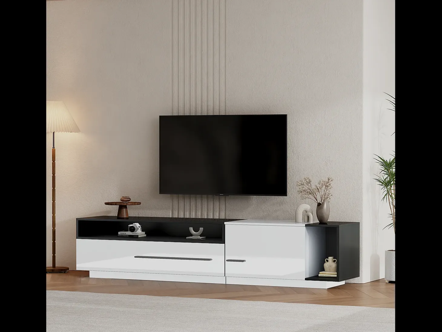 Mueble de TV brillante con 1 puerta y 1 cajón - 170 x 38 x 42 cm - Tablero de partículas - Blanco y negro