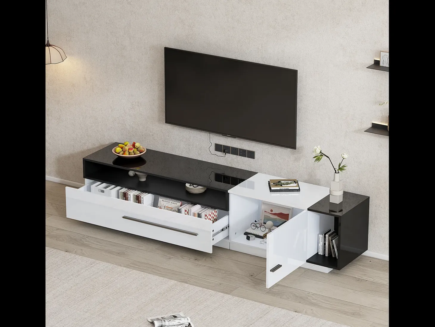 Mueble de TV brillante con 1 puerta y 1 cajón - 170 x 38 x 42 cm - Tablero de partículas - Blanco y negro