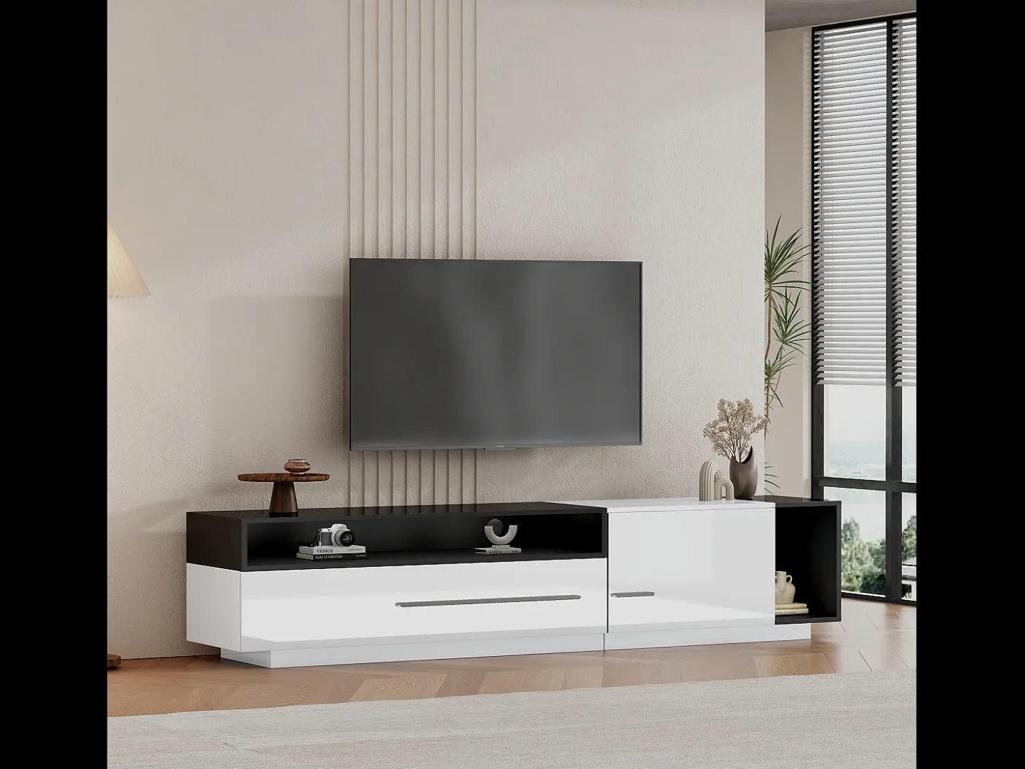 Mueble de TV brillante con 1 puerta y 1 cajón - 170 x 38 x 42 cm - Tablero de partículas - Blanco y negro