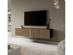 Mueble de TV colgante - negro con frente de listones de roble Artisan - 140 cm - Telire