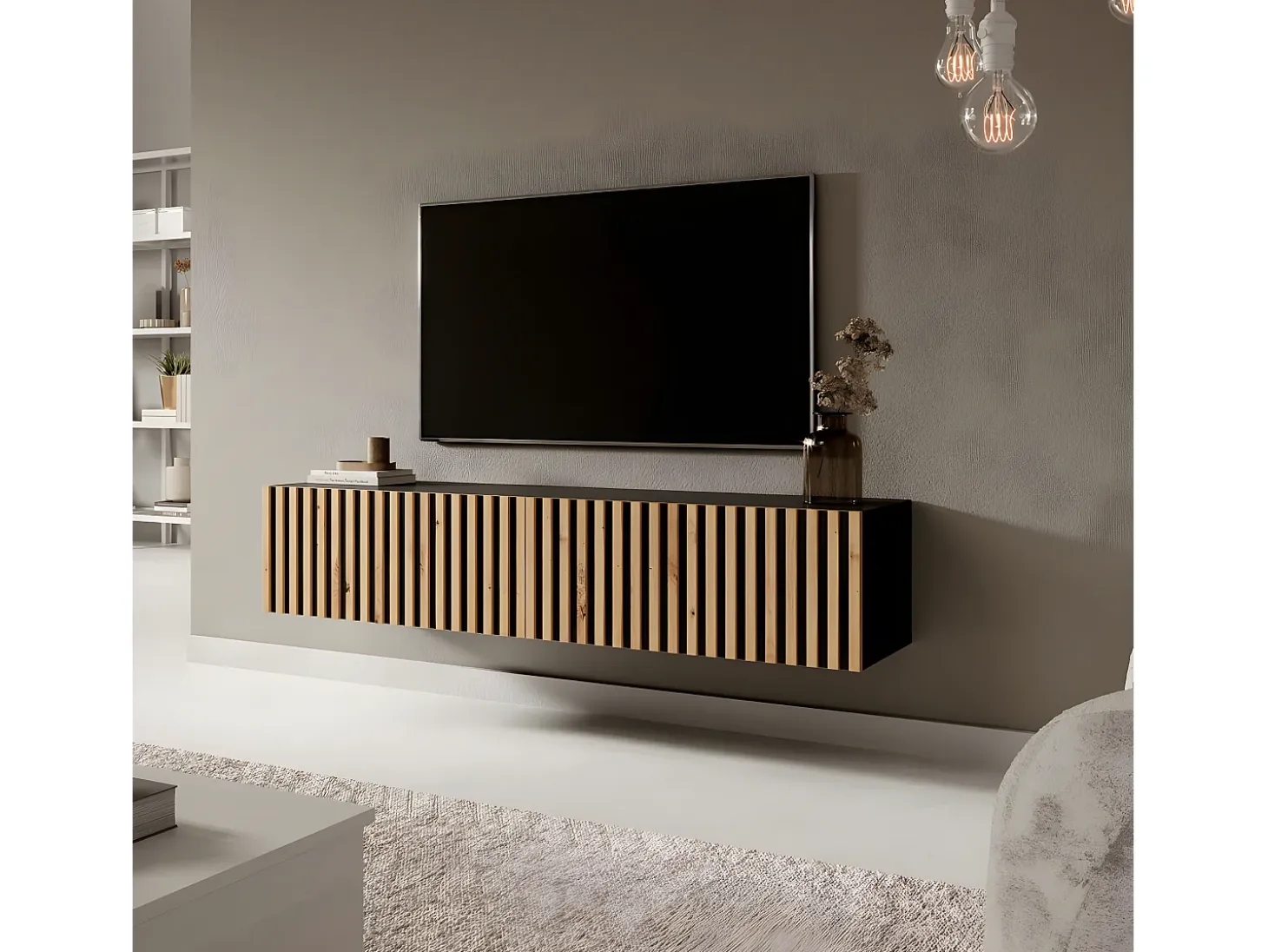 Mueble de TV colgante - negro con frente de listones de roble Artisan - 140 cm - Telire