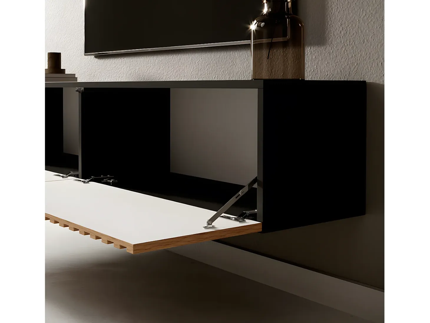 Mueble de TV colgante - negro con frente de listones de roble Artisan - 140 cm - Telire