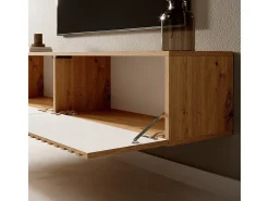 Mueble de TV colgante - roble artesano con frente de listones e inserciones negras - 140 cm