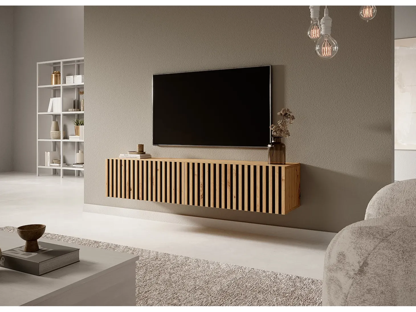 Mueble de TV colgante - roble artesano con frente de listones e inserciones negras - 140 cm
