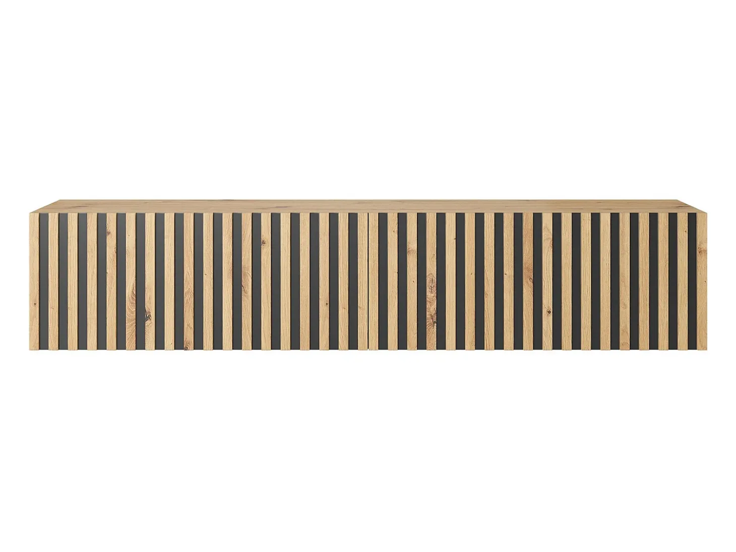 Mueble de TV colgante - roble artesano con frente de listones e inserciones negras - 140 cm