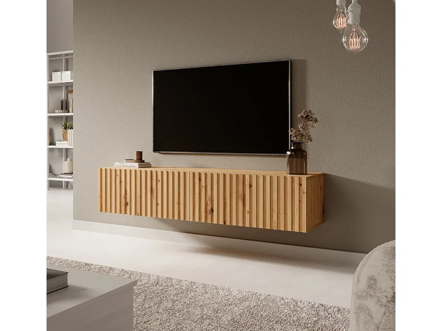Mueble de TV colgante - roble artesano con frente de lamas - 140 cm - Telire