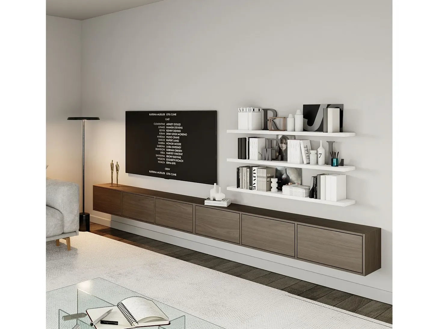Mueble de TV colgante con 6 puertas abatibles – 300 cm – efecto madera nogal Wisconsin – FRAMME