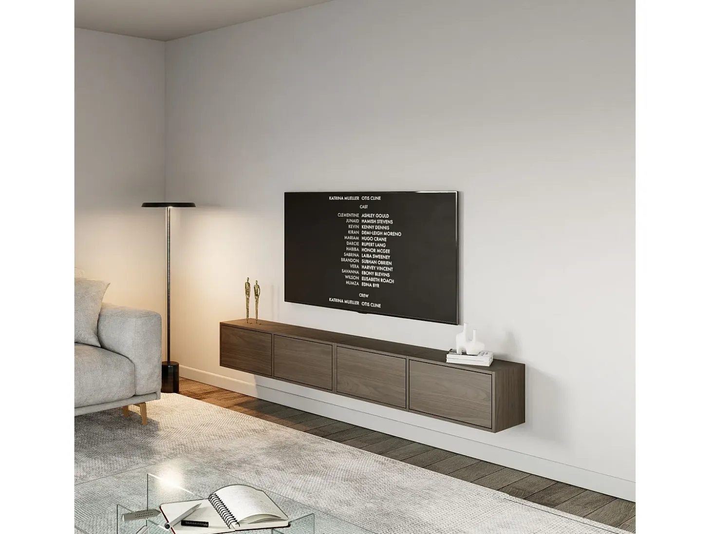 Mueble de TV colgante con 4 puertas abatibles – 200 cm – efecto madera nogal Wisconsin – FRAMME
