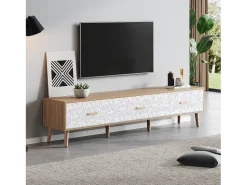 Mueble de TV con 3 cajones - 150 x 35 x 39 cm - Tablero de partículas - para salón - Blanco y madera