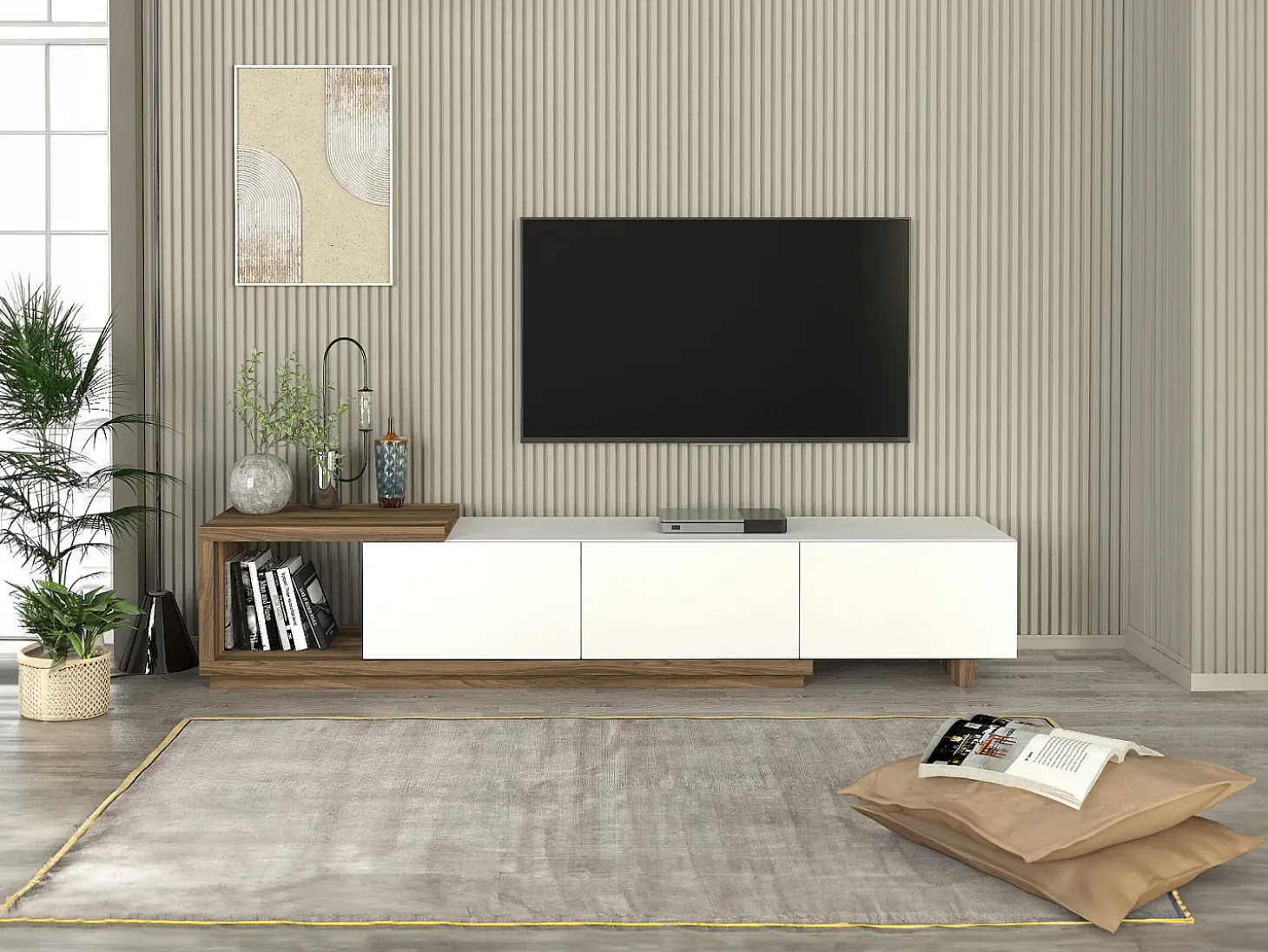 Mueble de TV con 3 cajones y 1 estante - Blanco y natural - DUKIAN