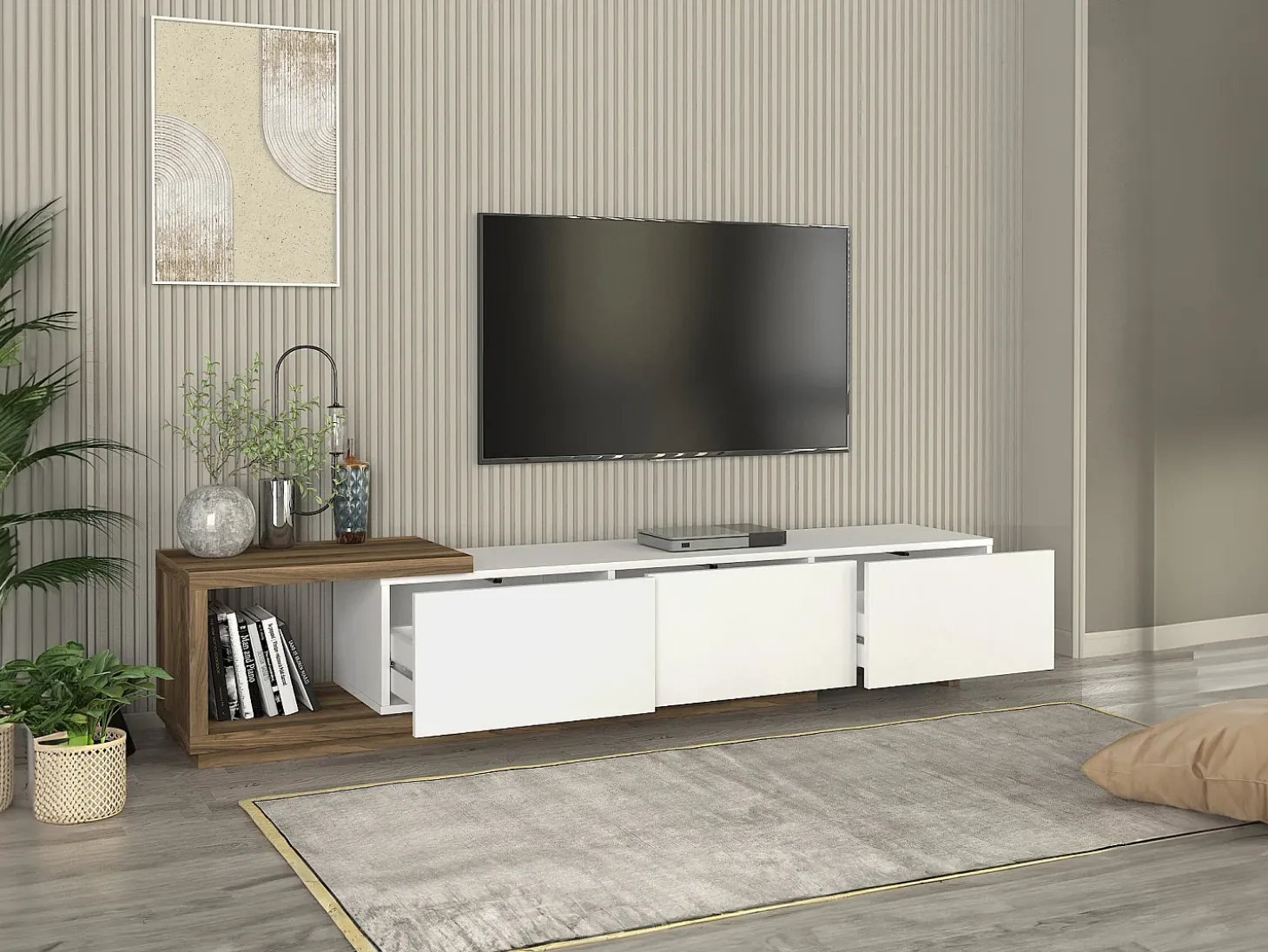 Mueble de TV con 3 cajones y 1 estante - Blanco y natural - DUKIAN