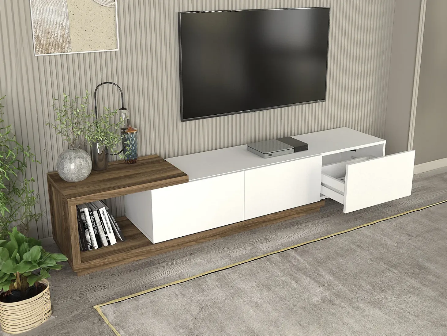 Mueble de TV con 3 cajones y 1 estante - Blanco y natural - DUKIAN