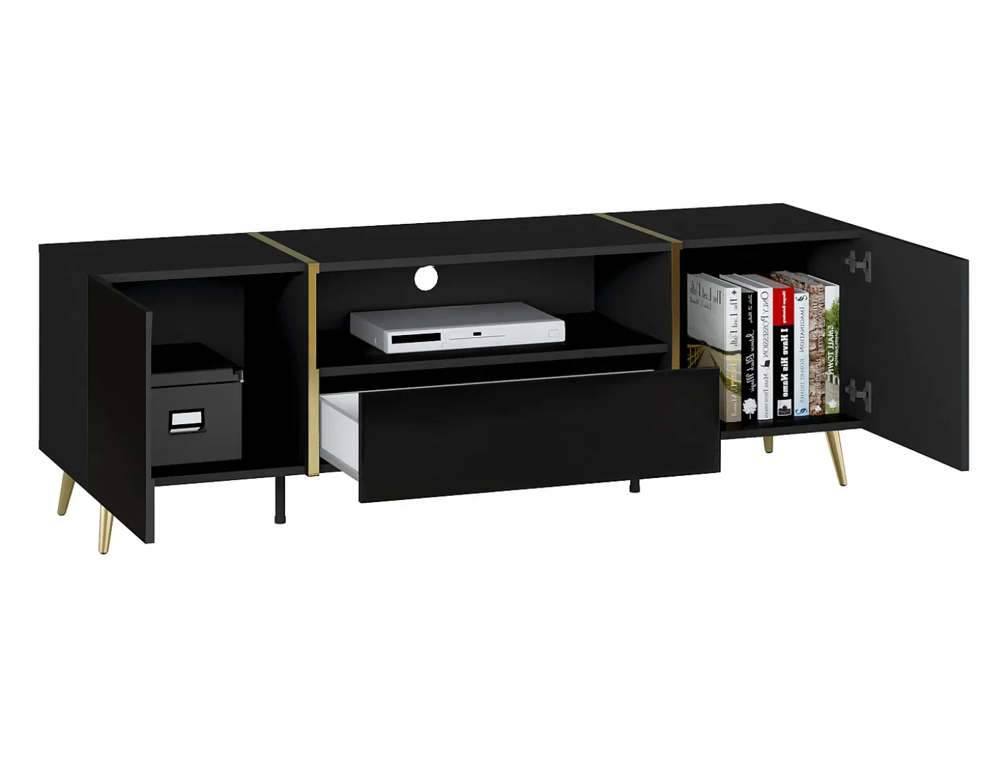Mueble de TV con 2 puertas, 1 cajón y 1 estante - Negro brillante y dorado - MARZIALO