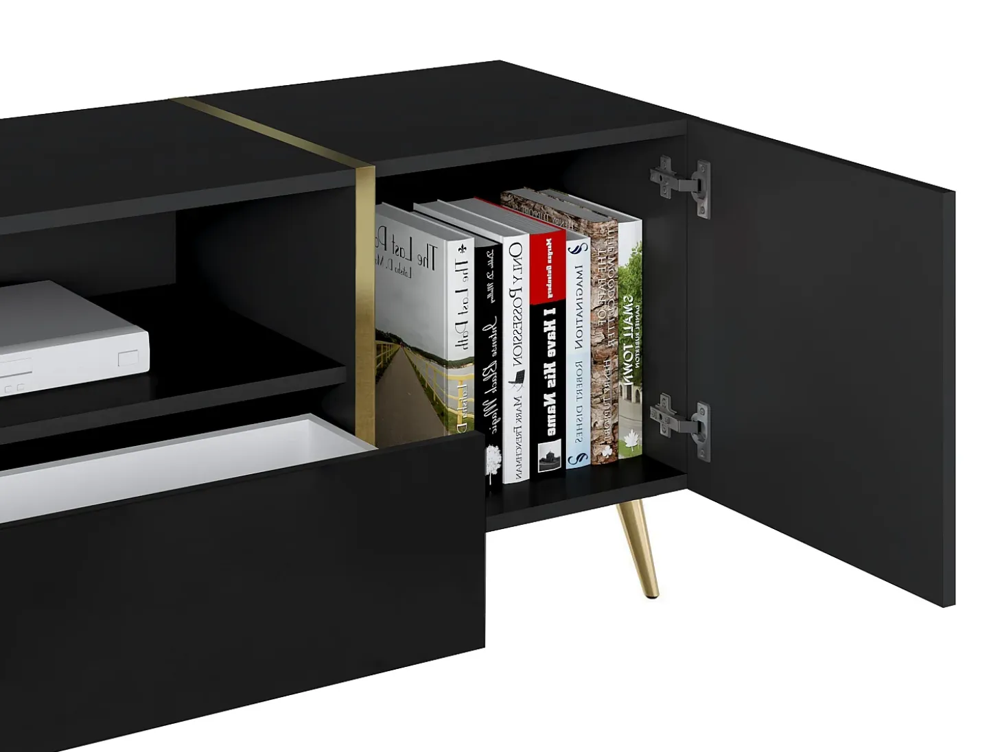 Mueble de TV con 2 puertas, 1 cajón y 1 estante - Negro brillante y dorado - MARZIALO