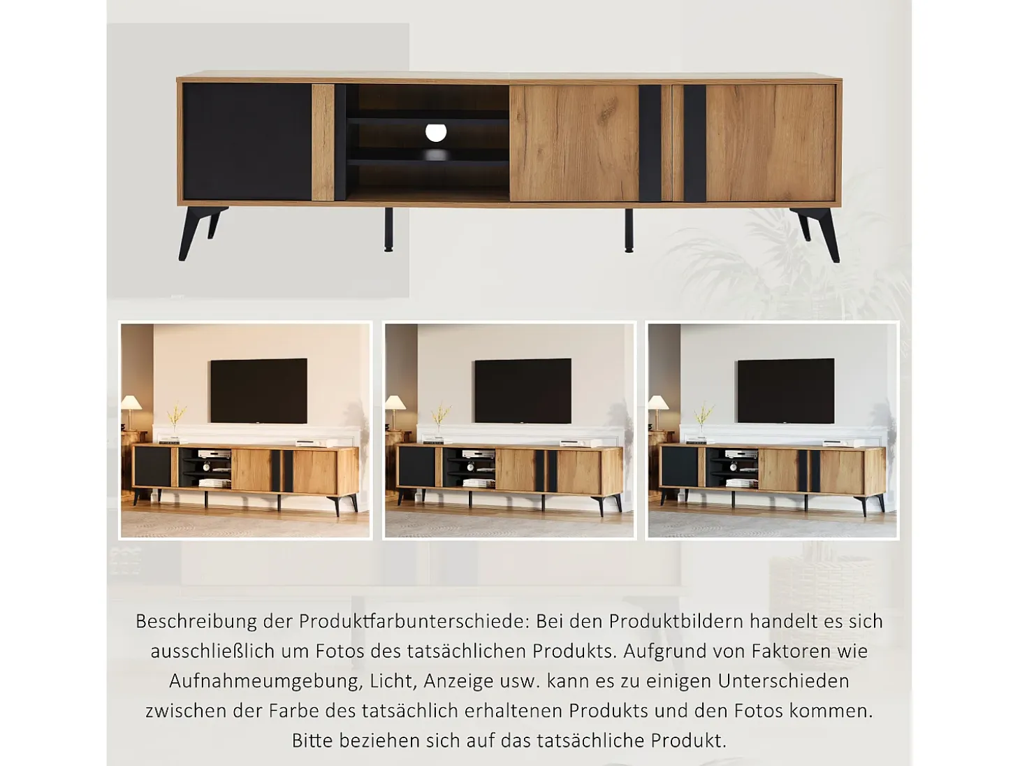 Mueble de TV con 3 puertas y 3 nichos abiertos - 180 x 40 x 50 cm - Tablero de partículas - Marrón y negro