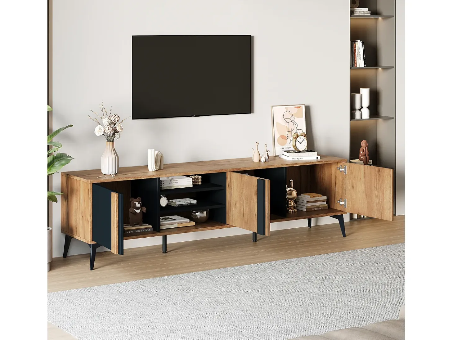 Mueble de TV con 3 puertas y 3 nichos abiertos - 180 x 40 x 50 cm - Tablero de partículas - Marrón y negro