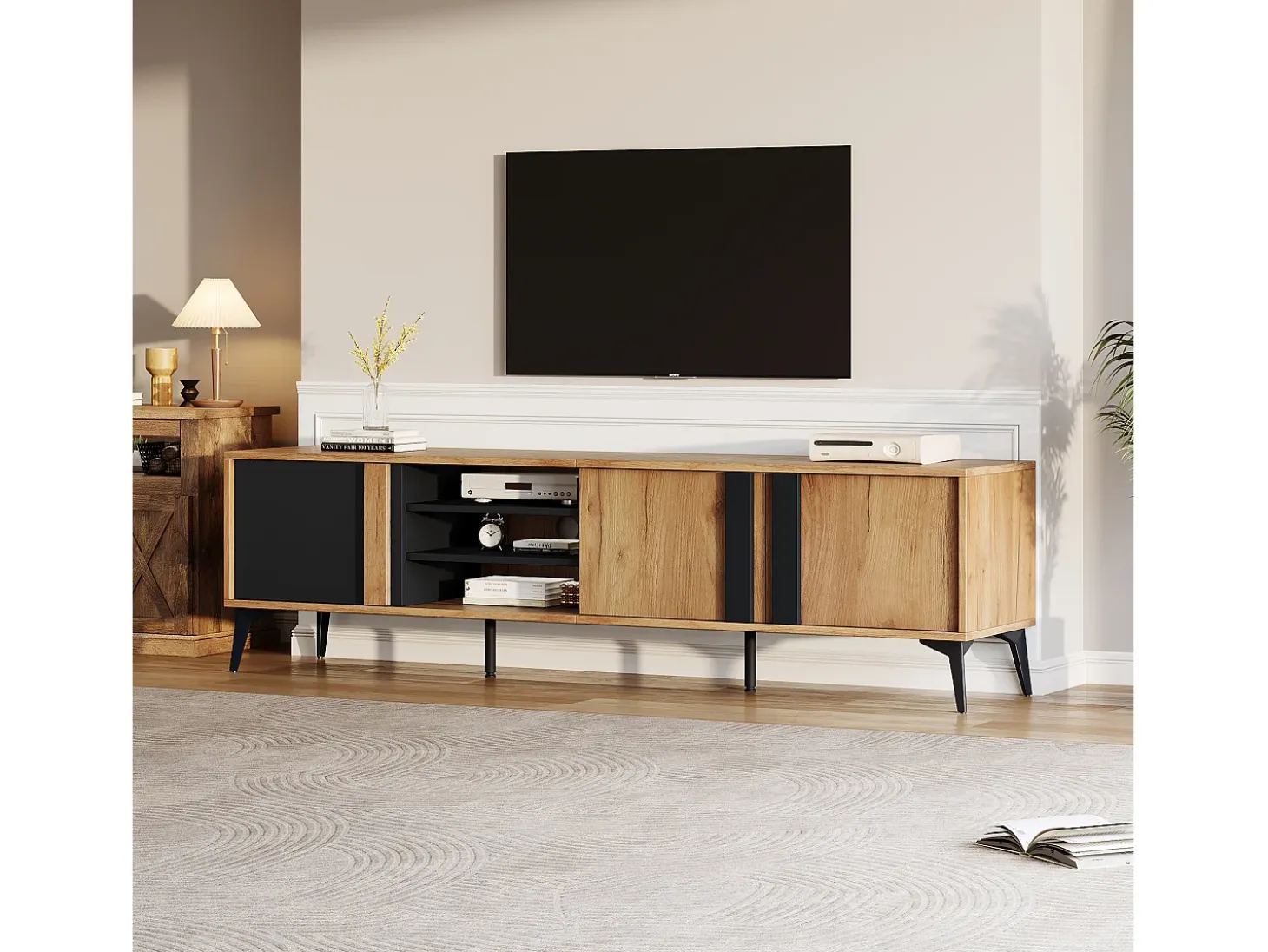 Mueble de TV con 3 puertas y 3 nichos abiertos - 180 x 40 x 50 cm - Tablero de partículas - Marrón y negro